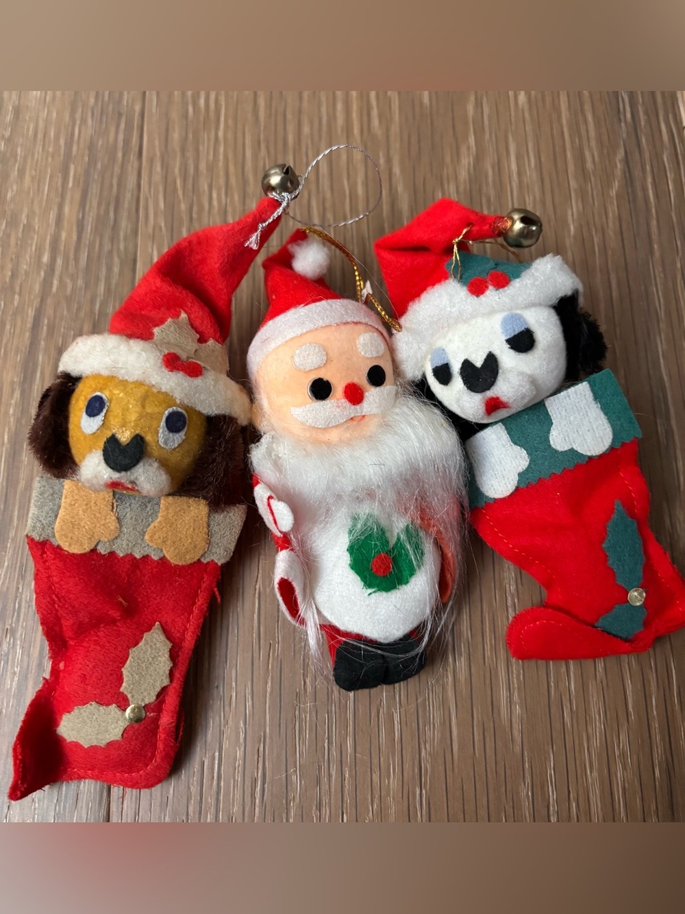 Vintage felt flicked Christmas ornaments. Santa. Puppies. Made in Japan